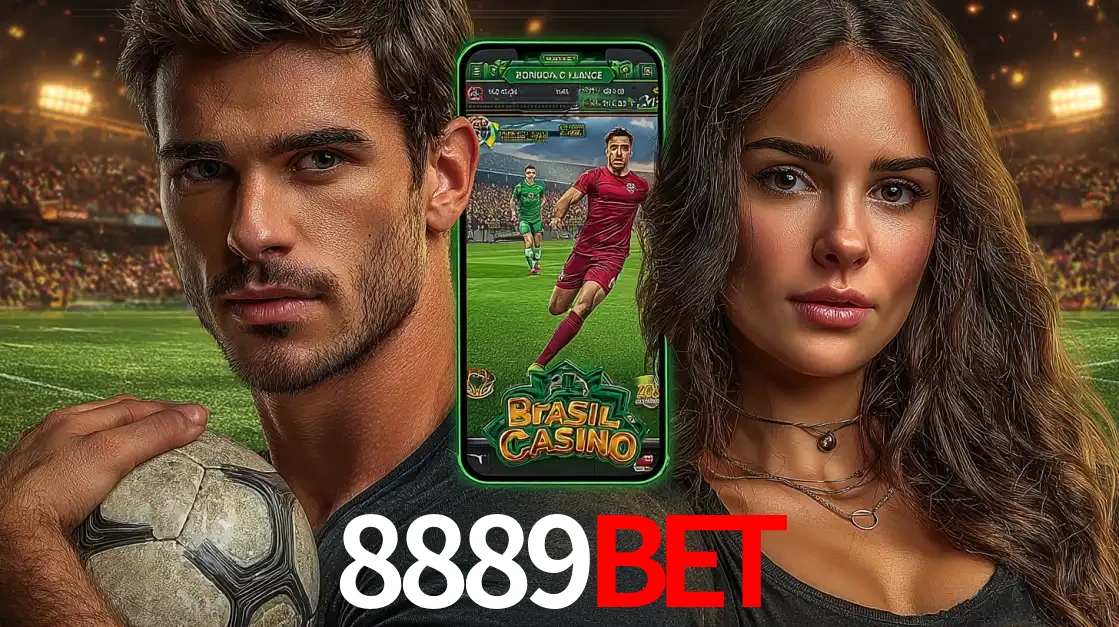 Homem segurando uma bola de futebol e uma mulher ao lado de um smartphone exibindo o jogo de apostas esportivas da 8889BET. Faça seu palpite no cassino online.